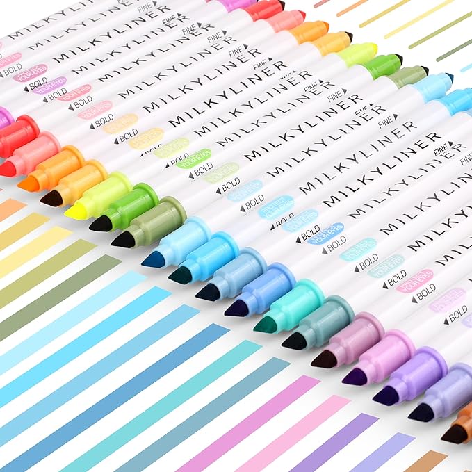 Pastel Highlighters Set, 24 Unique Retro Colors, Highlighters Assorted Colors, Quick Dry Dual tip and Fine Tip No Bleed Highlighter Markers for Bible Journals Planners Books Notes