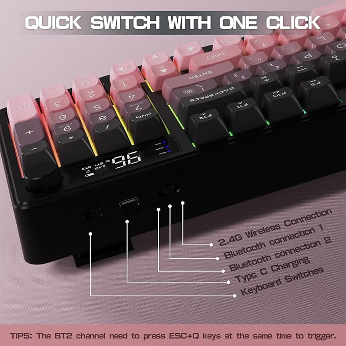 LexonElec M96 Wireless Keyboard, Low Profile Quiet Typing Membrane Gaming Keyboard with Smart Display & Knob, RGB Backlit, USB C Rechargeable, 94 Keys PBT Keycap for Windows PC, Mac, Linux-BlackBerry