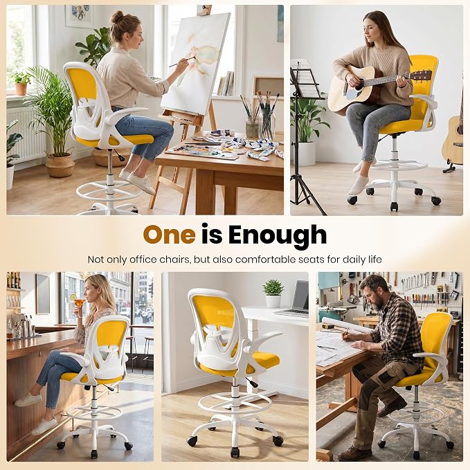 Drafting Chair Tall Office Chair with Flip-up Armrests Executive Ergonomic Computer Standing Desk Chair with Lumbar Support and Adjustable Footrest Ring (Mustard)