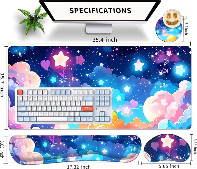 Large Mouse Pad Set 35.4 x 15.7 with Keyboard Wrist Rest, Wrist Support, and Coaster, Waterproof Memory Foam Smooth Desk Pad Mousepad for Home Office School - Pastel Rainbow Star