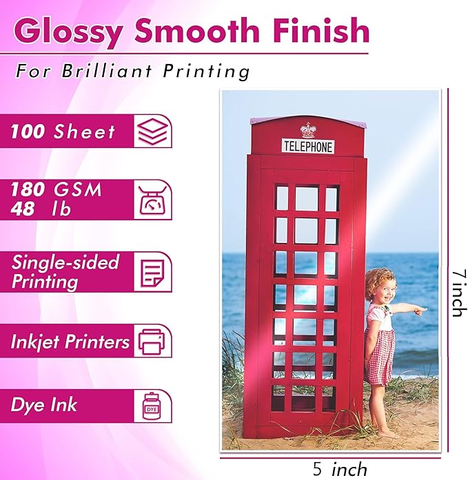 Koala Glossy Inkjet Photo Paper 5X7 Inches 48lb 100 Sheets Professional Glossy Photographic Paper Compatible with Inkjet Printer Use DYE INK 180GSM