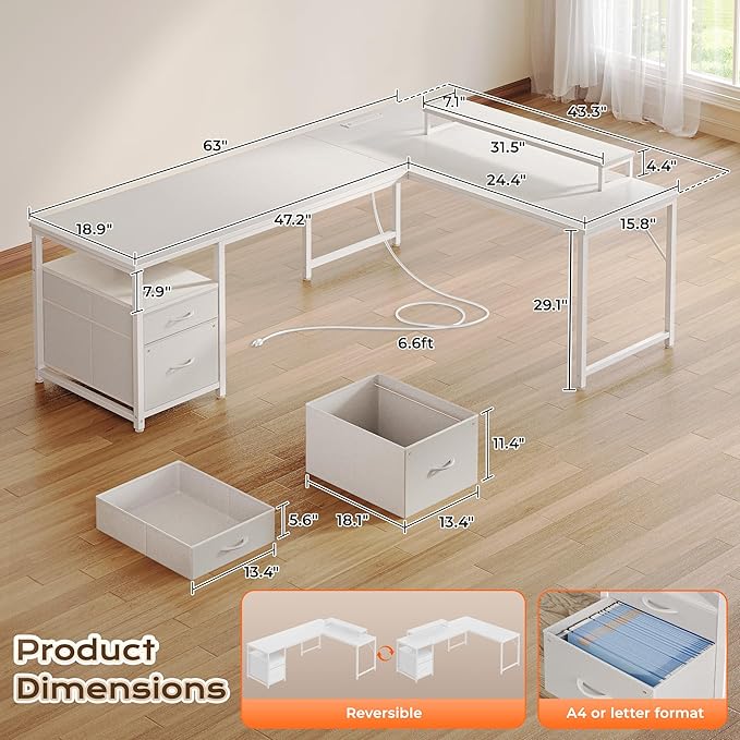 63 Inch L Shaped Desk with Power Outlets and USB-C Port, Computer Corner Home Office Desk with File Fabric Drawers and Movable Monitor Stand, Larger Storage, Gaming, Writing, Work, White