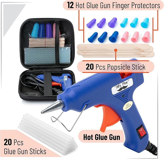 Mr. Pen- Mini Hot Glue Gun Kit with 20 Glue Sticks and 20 Popsicle Sticks & 8 Finger Protector - Fast Preheating Hot Melt Gun, High Temp for School Crafts DIY Arts and Quick Home Repairs