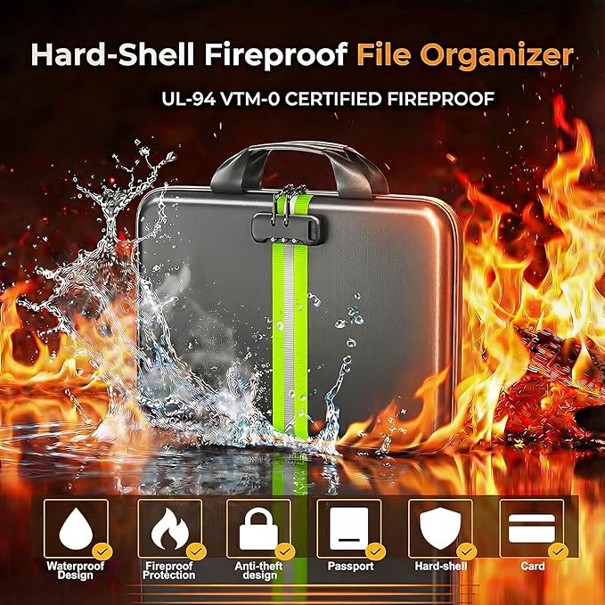 Fireproof Accordion File Organizer with Lock,Hard-Shell Fireproof Document Box with 13 Pockets for Certificates, Passports Laptop Important Documents Portable Home Office Travel Safe Storage