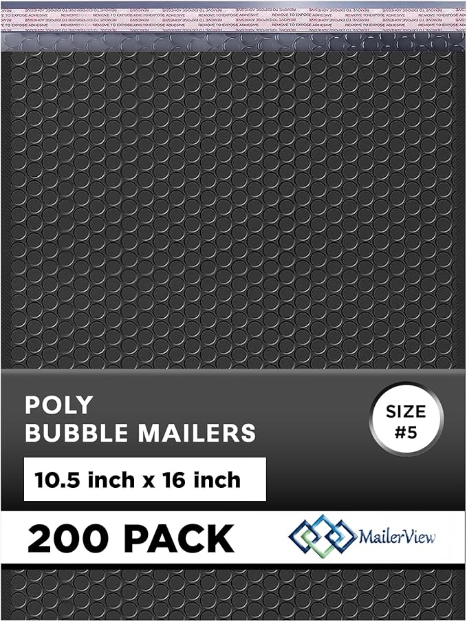 Jet Black Bubble Mailers 10.5x16 Poly Padded Envelopes #5, 200 Pack | Fits Books, Comics & Apparel, Self-Seal Closure, Cushioned Protection, Water-Resistant Poly, Bulk Pack