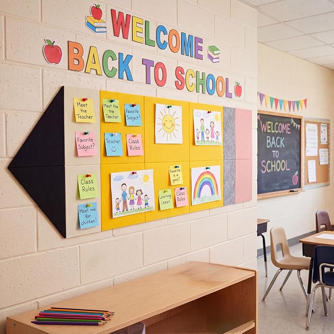 16 Pcs Giant Pencil Felt Bulletin Board Decorations Felt Self Adhesive Pencil Bulletin Board 88.6"x 23.6" with 100 Thumbtacks Wall Decor Supplies for Office Teacher Party Craft Wall Home