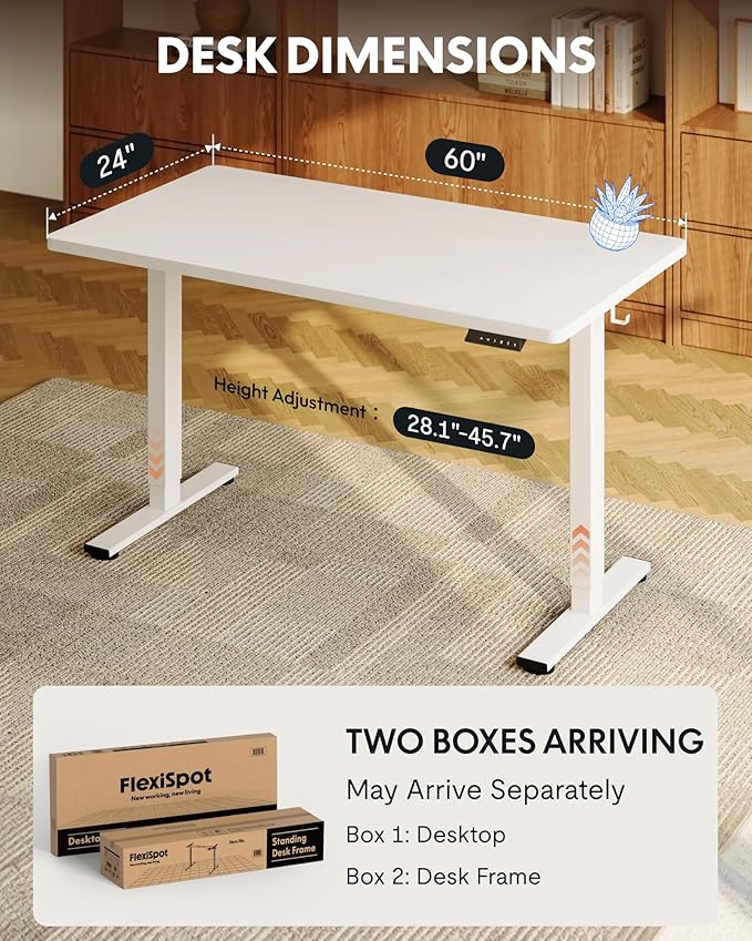 FLEXISPOT EN1 One-Piece Standing Desk with 1-Inch Thick Seamless Desktop, 60"x24" Electric Height Adjustable Desk for Home Office, Multi-Monitor Setups & Easy Assembly, White