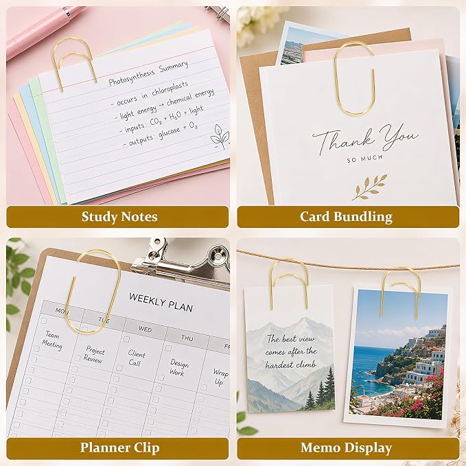 20 Pcs Jumbo Paper Clips 2 Inch (50mm), Large Gold Paperclips, Non-Skid Smooth Steel Wire, Oversized Wide Clips for Office School Planner Bookmarks