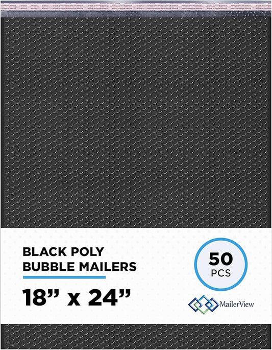 Black Poly Bubble Mailers 18x24 Inch #9 | Self Seal Large Padded Envelopes | Air Cushioned Bubble Mailer | Usable Size 18x23 Inch | Waterproof Lightweight Mailing Shipping Bags | 50 Pack