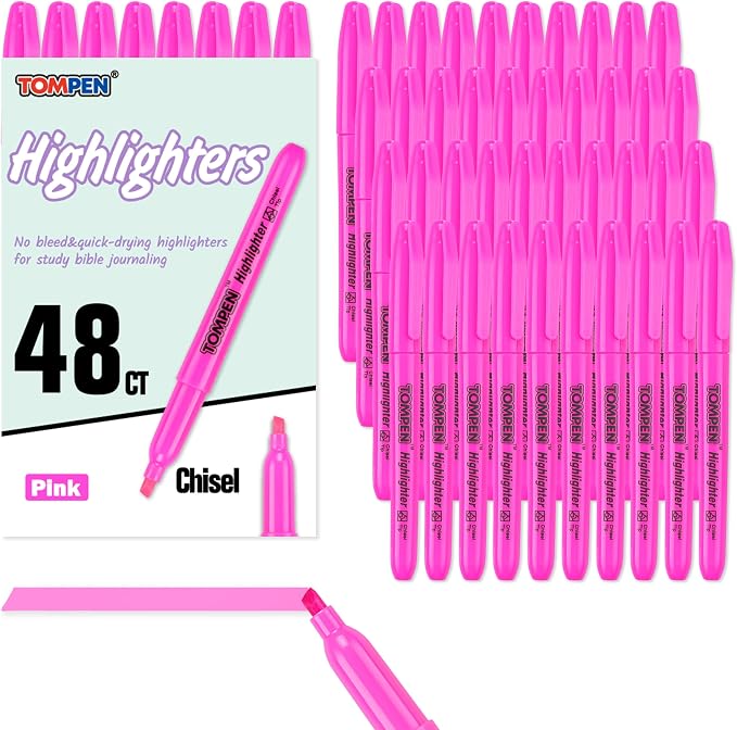 Highlighters Pink 48 Pack,Bible Highlighters No Bleed–Bulk Chisel Tip Highlighter Markers Set for School,Office,Study,Journaling–Smear-Free,Quick Dry–Fluorescent Pens for Teachers Students