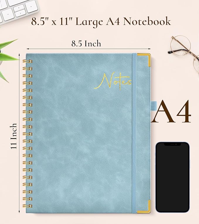 Blank Spiral Notebook Journal 8.5” x 11”, A4 Large Hardcover Sketch Book for Women Men, 100 GSM Blank Paper Drawing Notebook, Spiral Bound Sketchbook for Sketching School Work Note Taking, Blue