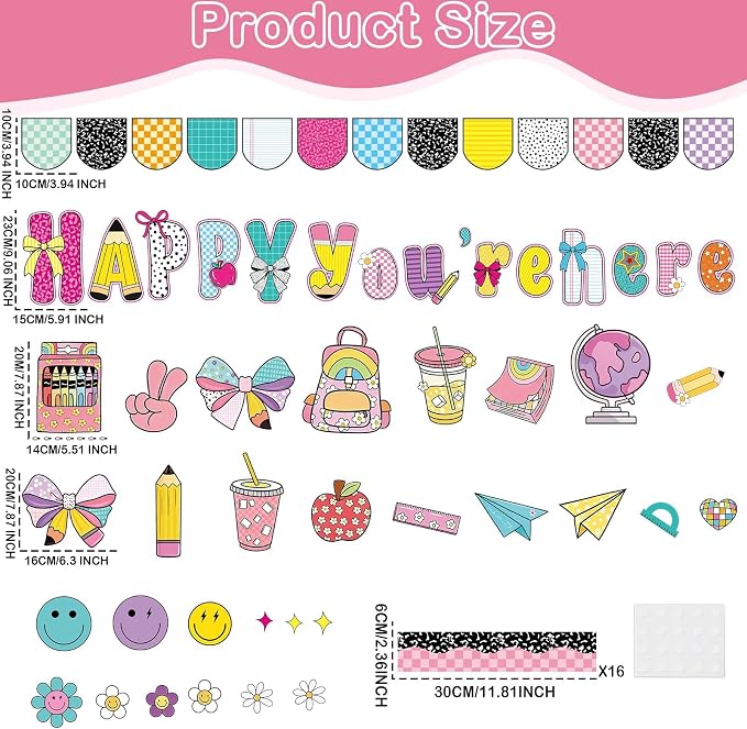 Back to School Bulletin Board Decorations Composition Notebook Classroom Decor Happy You're Here Bulletin Board Smile Face Pencil Paper Cutouts for Classroom Chalkboard Wall Decor Teacher Supplies