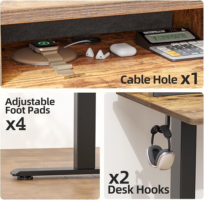 TIQLAB 55 * 28 inch Standing Desk with Two Drawers&Top Shelf, Rustic Brown | Smooth Height Adjustment, 2 Memory Presets, One-Touch Control, Stable Steel Frame, 176 lbs Capacity, Easy Assembly