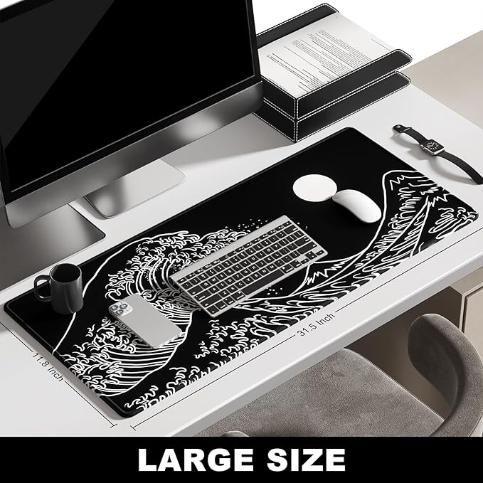 BOSOBO Large Desk Pad, XXL Extended Gaming Mouse Pad & Keyboard Mat, Desktop Full Cover 31.5 x 11.8 Inches, Art Japan Kanagawa Wave Black