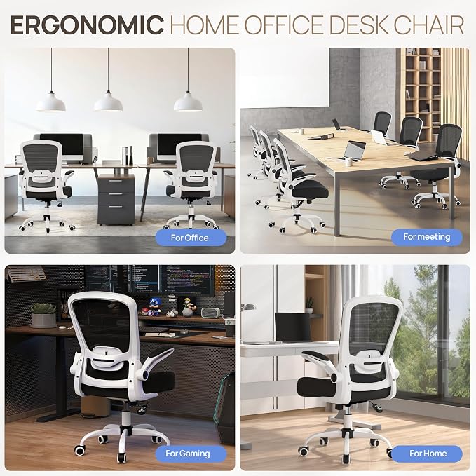 Mimoglad Ergonomic Office Chair - Desk Chair with Flip-up Armrests & 135° Recline, Adjustable Lumbar Support - Space-Saving Task Chair for Business/Team Office & Home (White Frame-Black, 300lbs) | Supports 300 lbs · Seat 19.48"–23.4" · Breathable mesh ...