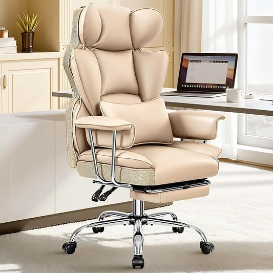 ALLGOD Big and Tall Office Chair 400LBS, Executive Ergonomic Leather Chair with Footrest, Wide Seat Gaming Office Chair with Pocket Spring Cushion, Reclining High Back Computer Desk Chair, Dark Beige