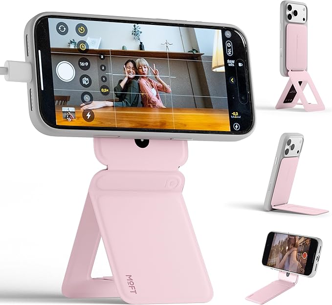 MOFT Phone Stand, Magnetic Phone Tripod Stand Stain-Resistant MOVAS Leather & Angle Adjustment & Strong Magnets Tripod for iPhone 17/16/15/14/13/12 (Included Metal Ring)-Light Pink