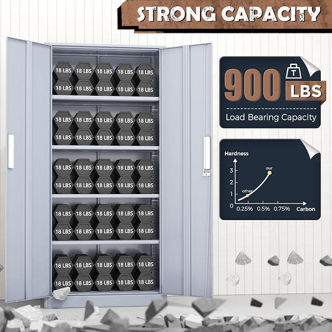 Metal Storage Cabinet, 72” H Storage Cabinet with Doors and Adjustable Shelves for Office, Home, Garage, Pantry (Assembly Required, Cement Grey)
