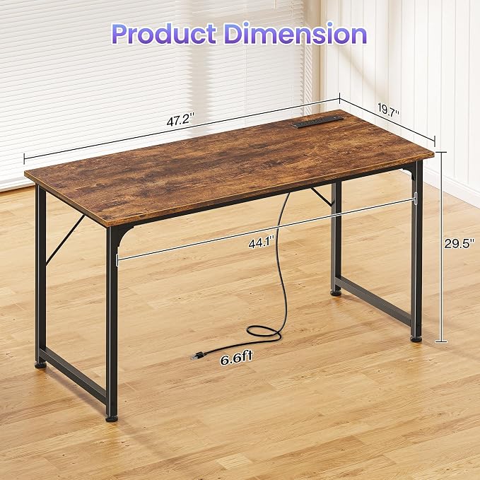 47 X 20 Inch Computer Desk, Power Outlets, USB-C, Rustic Brown | Office Desk with 4 AC Outlets, USB & USB-C, Sturdy Metal Frame, Spacious Desktop for Work, Writing, Study & Gaming