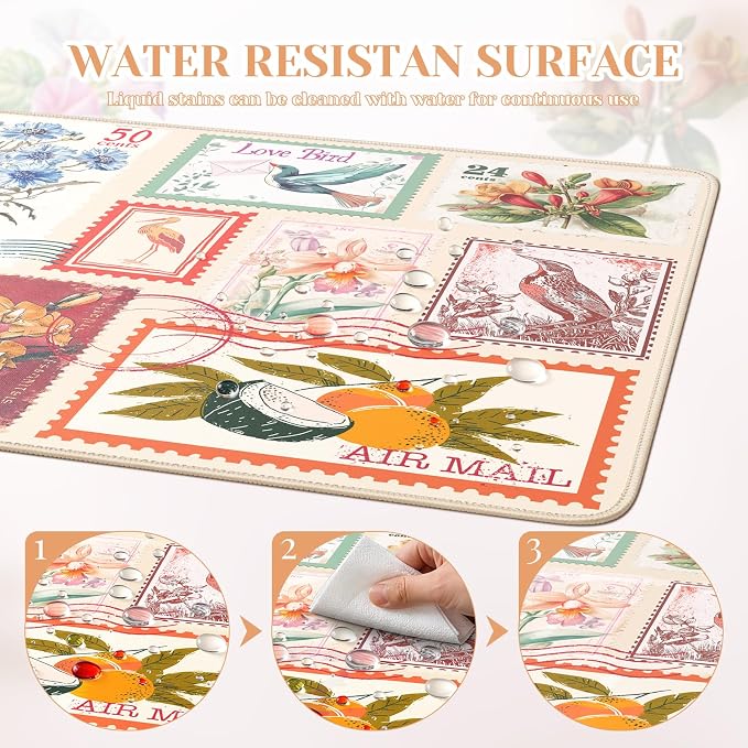 iCasso Vintage Floral Desk Mat, XXL Collage Mouse Pad,Beige | Anti-Slip Big Mousepad with Stitched Edges for Aesthetic Office Decor,Cute Desk Decor Accessories