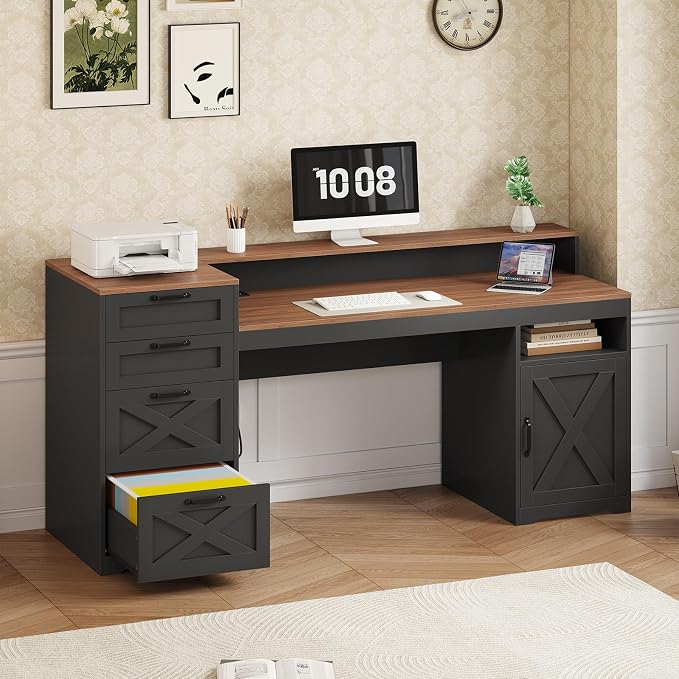 63" Farmhouse Computer Desk with 4 Drawers for Home Office, Bedroom | Executive Desk with Printer Shelf, Monitor Stand, Home Office Desks with Power Outlets, Storage Shelves, Brown and Black
