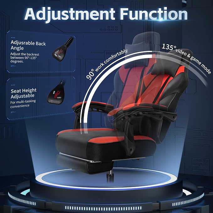 Gaming Chairs for Adults, Computer Chair with Footrest, High Back, Big and Tall Gamer Chair‘s with Massage Lumbar Support, 360° Swivel Height Adjustable Computer Chaires, Dark Red