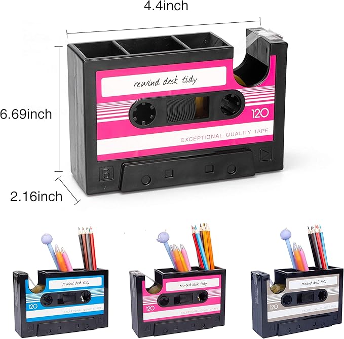 Aobopar Tape Dispenser Pen Holder, Retro Cassette Tape Dispenser, 80's Desk Accessories, Retro Office Supplies, Funny Cute Tape Dispenser (Blue-TD)