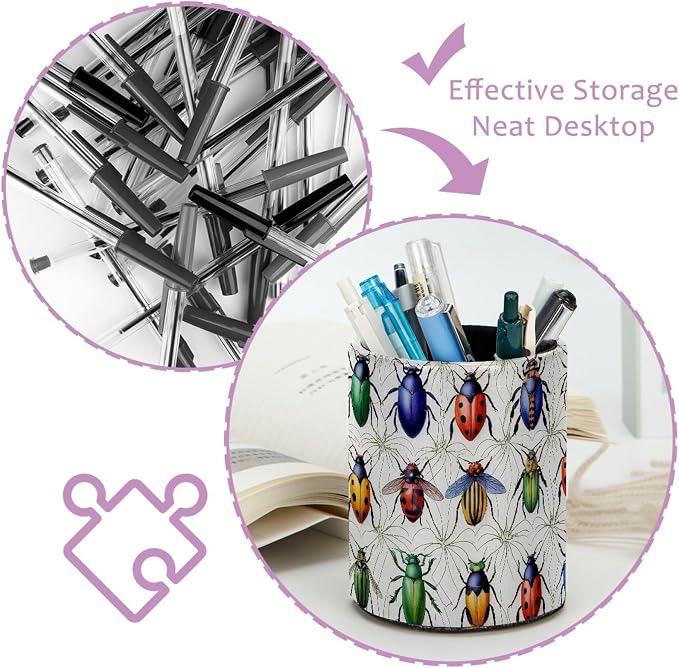 Leather Pen Holder for Desk, Beetle Pencil Cup Pen Organizer Makeup Brush Holder for Office Home Kids Countertop Desk Accessory Storage