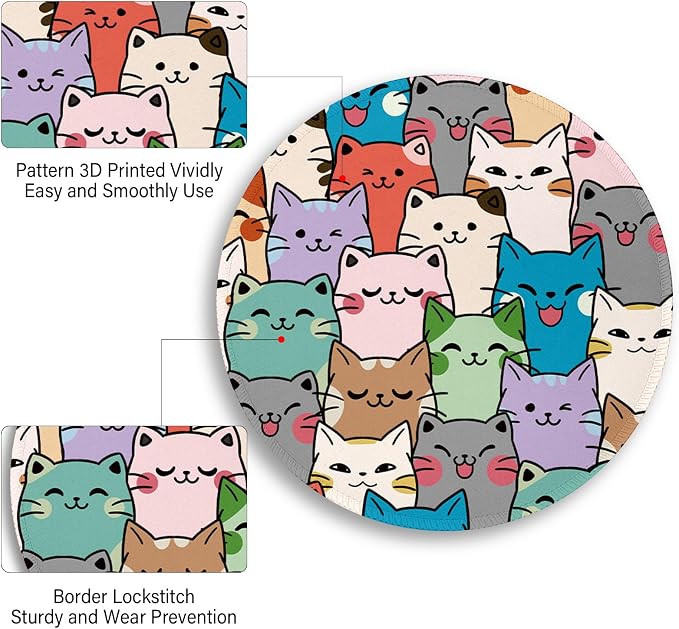 Immaturus Cat Mouse Pad, Cute Small Mousepad for Desk Gaming Work Office | 8.6" x 8.6", Travel, Home Decor Desk Accessories, Round, Non-Slip Base, for Wireless Mouse Laptop Computer, Girls Cat Lover
