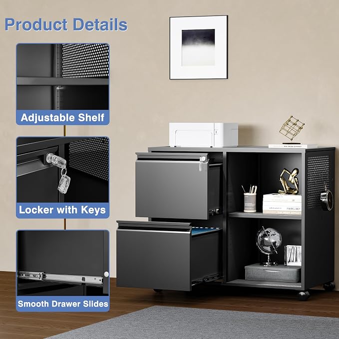 Mobile File Cabinet with Side Hook, 2 Drawer Lateral File Cabinet with Lock fits A4/Letters/Legal Size for Home Office,Metal Rolling Printer Stand with Open Storage Adjustable Shelves(Black)