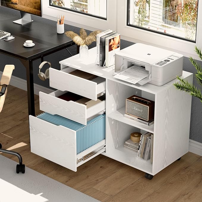 OLIXIS 3 Drawer Lateral File Cabinet, Rolling Printer Stand with Storage | Mobile Filing Cabinet Fits Under Desks, Holds A4/letter Files with Hanging Frame and Lockable Wheels, White