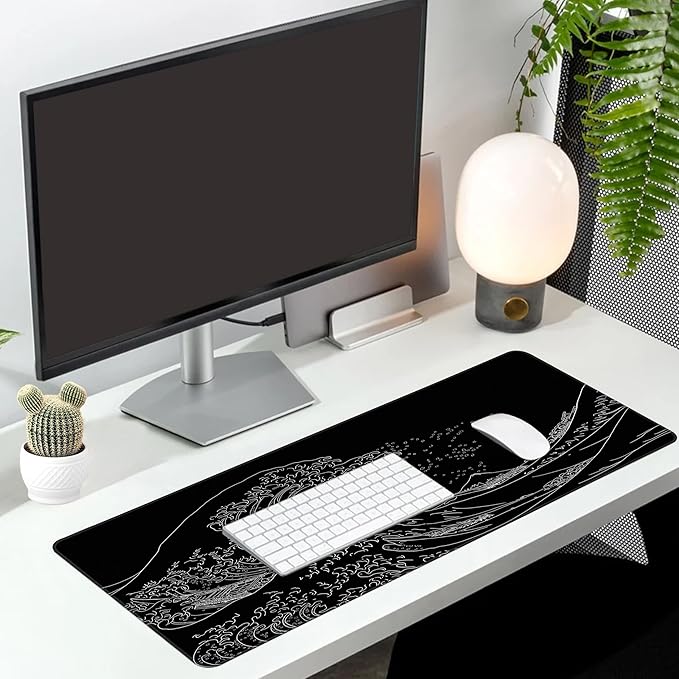 Long Gaming Mouse Pad Extended Anime Large Desk Pad with Non-Slip Base Full Keyboard Mat with Stitched Edges for Gaming and Office 31.5 x 11.8 inches (Black Wave)