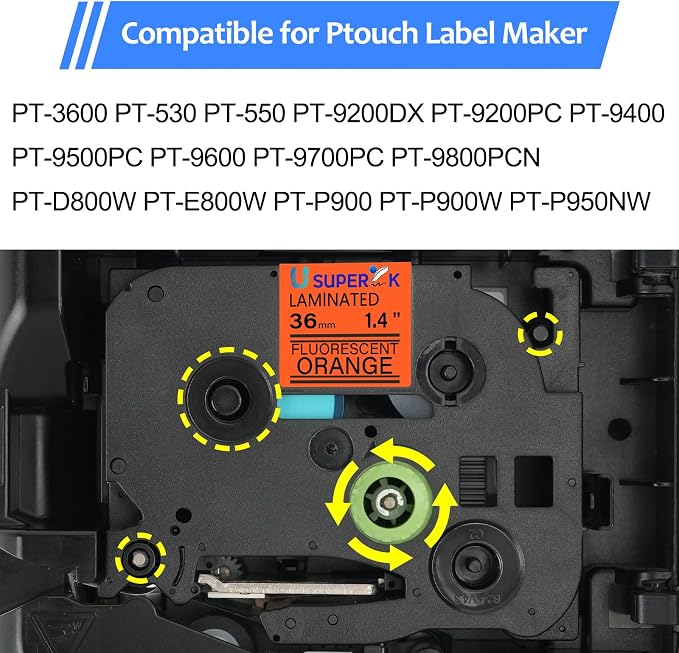 5 Pack TZe-B61 36mm Label Tape Compatible for Brother P-Touch TZe TZ Tape 36mm 1.4'' Laminated Fluo Orange TZ-B61 Black on Fluo Orange 1-1/2'' for Ptouch Label Maker PT-P910BT P900W P950W