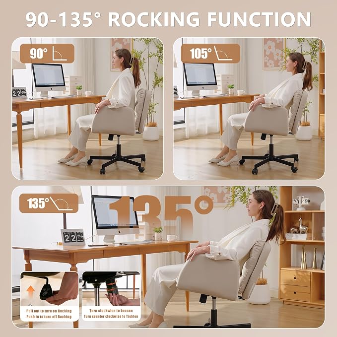 Criss Cross Chair with Flip-Up Arms & Swivel Wheels, Vanity Chair with Adjustable Height & Side Pockets, Comfortable Wide Seat Reclining Computer Office Desk Chairs for Home Office, Make Up, Bed Room