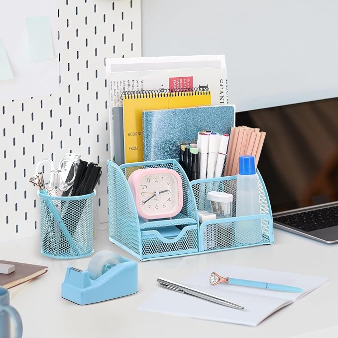 13-in-1 Office Desk Organizer Set for Back to School Supplies Accessories | Organizer Set with Stapler and Tape Dispenser, Pen Holder, Scissors, Ruler, Hole Punch, 2 Pens & More Desk Supplies
