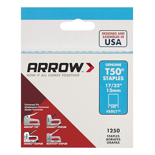 Arrow 50CT T50 Heavy Duty Staples for Staple Guns, Use for Ceiling Tile, Upholstery, Construction, Furniture, Crafts, 17/32-Inch, 1250-Pack