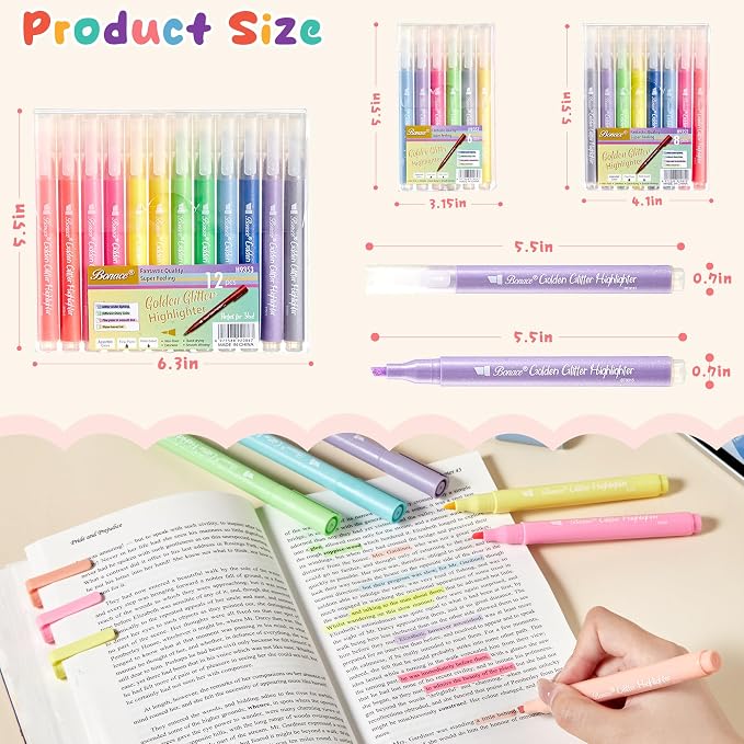 Gold Glitter Highlighters, 12 Colors, No Bleed Chisel Tip Marker | Quick Dry for Bible, Journals, Planners, Scrapbooks & DIY Crafts