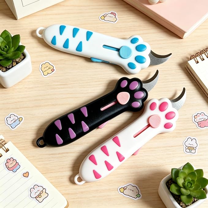 Cat Paw Box Cutter 3-Piece Set, Retractable Cat Claw Knife with Cute Paw Handle, Portable Utility Box Opener for Home Office Package Carton & Tape Cutting