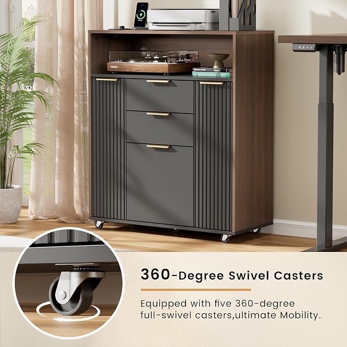Fluted Mobile File Cabinet with Charging Station | 37" Rolling Storage Cabinet with 3 Drawers, Printer Stand with Wheels for Home Office, Black Walnut