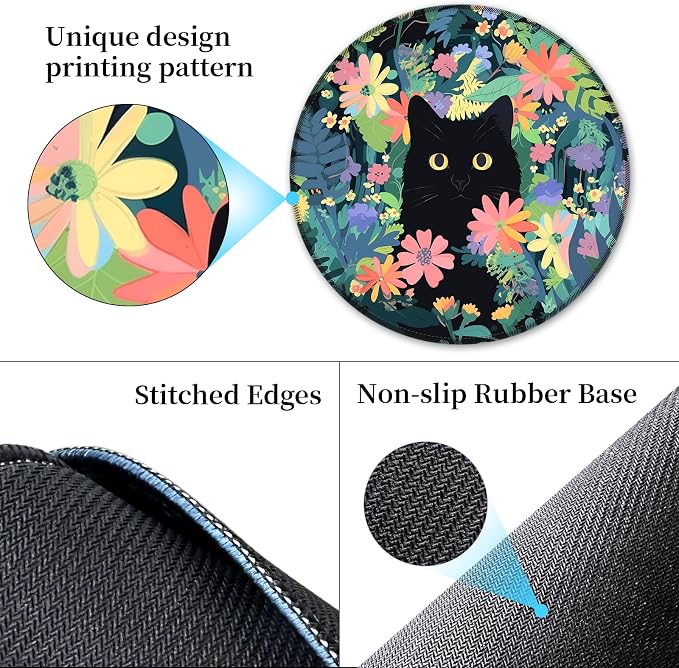Hancynir Black Cat Round Mouse Pad, Small Mousepad for Laptop Desk Office | Mouse Mat for Computer, Non-Slip Rubber Base, Office Desk Decor, Gifts for Work Coworker Teacher, 8.6 Inch, Stitched Edges