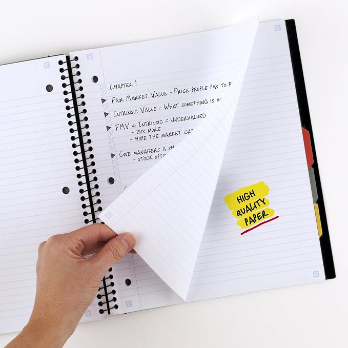 Five Star Advance Spiral Notebook + Study App, 5 Subject, College Ruled Paper, 8-1/2" x 11", 200 Sheets, Spiral Guard, Movable Tabbed Dividers, Black (73144) (Pack of 6)