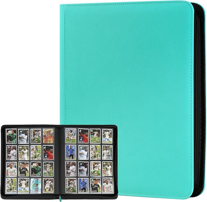 16 Pocket Ringless Side Loading Trading Card Binder, 1024 Cards PU Fixed Page Zipper Card Album for TCG Sports Game Cards, Not Fit Top Loaders(Lake Blue)