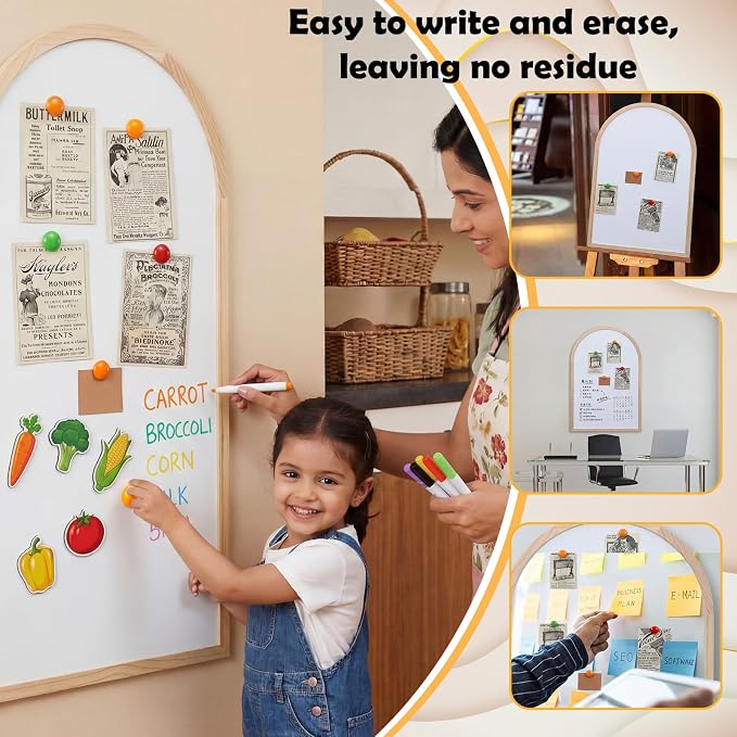Dry Erase Board, 36" x 24" Magnetic Erasable Whiteboard, Arched Large Semi-Circular Whiteboard, Gold Rustic Wood Frame, Bohemian Style Design for Home, Classroom, Office, School