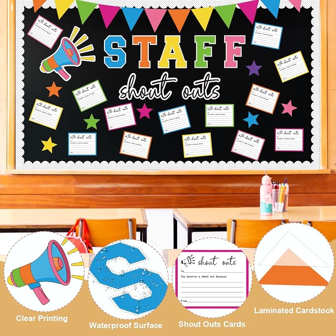 71Pcs Staff Shout Outs Bulletin Board Decorations, Staff Bulletin Board with Shout Out Cards, Appreciation Month Bulletin Boards for Classroom Office Back to School Retirement Wall Door Decor(Color)