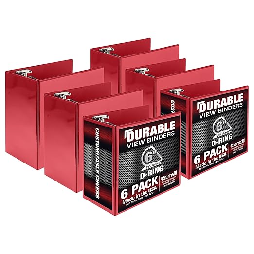 Samsill Durable 6 inch 3 Ring Binder, Locking D Ring 100% Recycled Chipboard, Red, 6 Pack