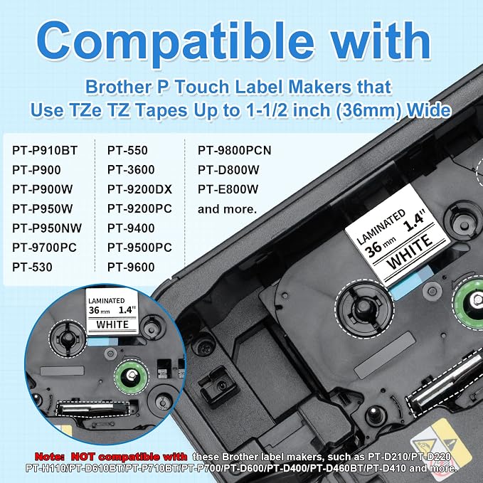 36mm Label Tape TZe-261 Replacement for Brother P Touch TZe TZ Tape 1.4'' (Pack of 2)