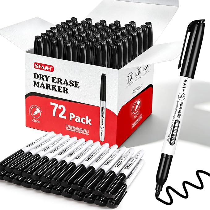 SFAIH Black Dry Erase Markers Fine Tip, 72 Pack, 1-2mm Line, Low Odor | Easily Erases, for Whiteboards & Non-Porous Surface, Ideal for Classroom, Office, Home, Teacher Supplies, Back to School