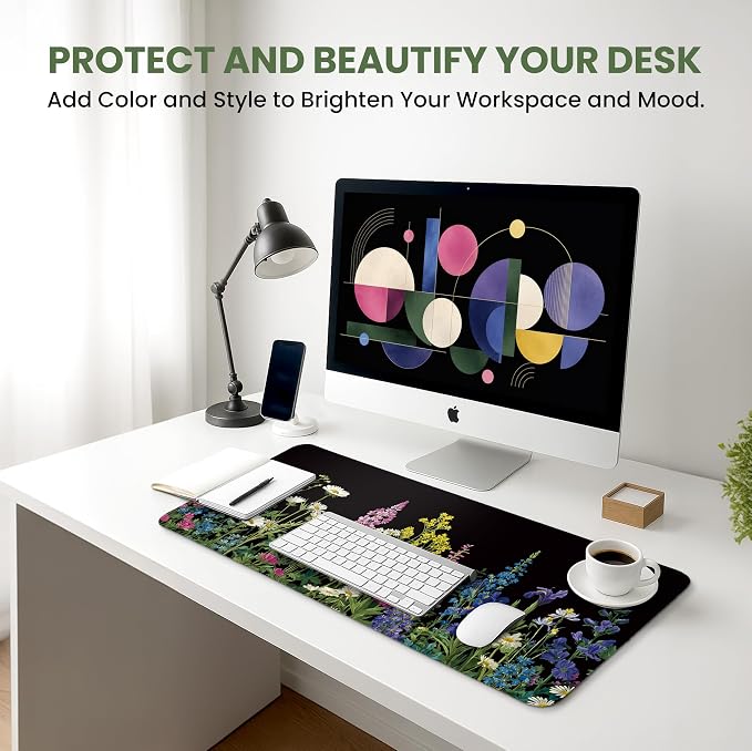 Aesthetic Desk Mat, Cute Starlit Floral Desk Pad Protector for Work & Decor, 31.5" x 11.8", Pretty Non-Slip Extended Mouse Pad for Office or Home