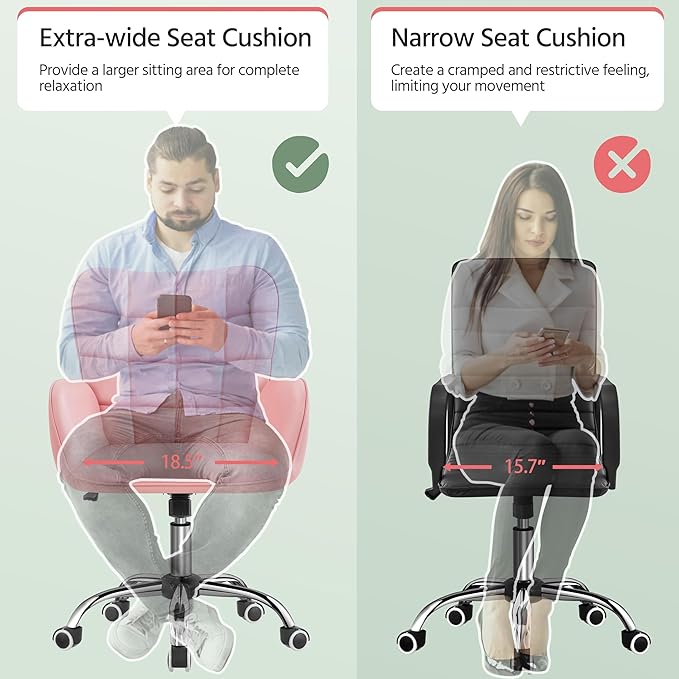 Yaheetech Modern Faux Leather Office Chair Ergonomic Adjustable Vanity Makeup Chair with Padded Armrests Big Seat for Office, Study, Home, Pink