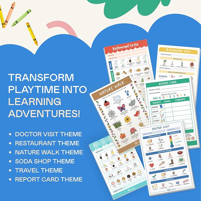 Pretend Play Notepads - 6-Pack Kids Play Pads | 40 Pages Each of Restaurant, Doctor, Boarding Pass, Report Card, Nature Walk & Soda Shop for Imaginative Role Play